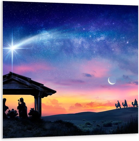 Forex - Silhouet van Geboorte van Jezus en de Drie Wijzen - 100x100cm Foto op Forex