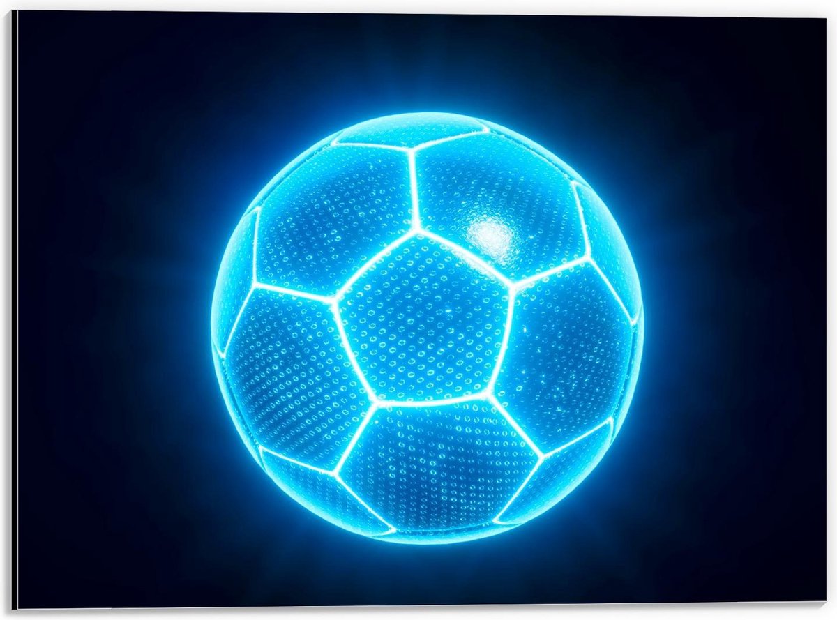 Dibond - Blauwe Neon Voetbal - 40x30cm Foto op Aluminium (Met Ophangsysteem)