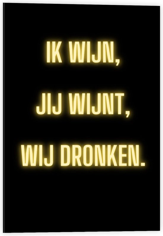 Dibond - Tekst: ''Ik Wijn, Jij Wijnt, WIj dronken'' Neon Letters Goud/Zwart - 40x60cm Foto op Aluminium (Wanddecoratie van metaal)