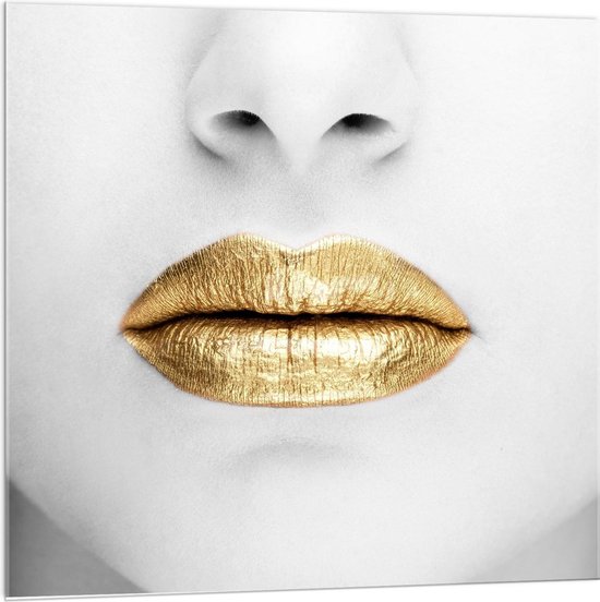 Acrylglas - Gouden lip op Zwart/Wit Persoon - 100x100cm Foto op Acrylglas (Wanddecoratie op Acrylglas)
