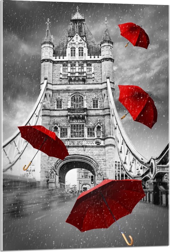 Acrylglas - Rode Paraplu's op Zwart/Witte Achtergrond - 60x90cm Foto op Acrylglas (Met Ophangsysteem)