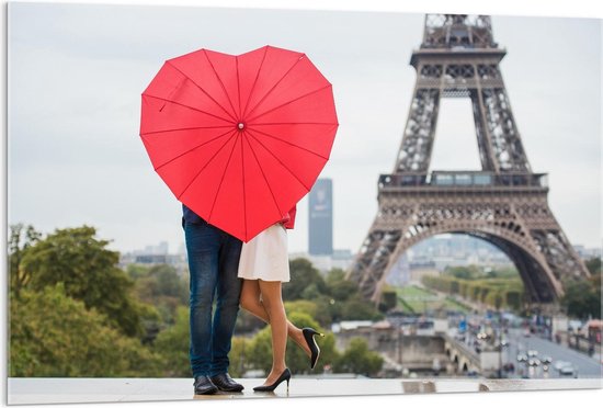 Acrylglas - Liefdes Paraplu bij Eiffeltoren - 120x80cm Foto op Acrylglas (Met Ophangsysteem)
