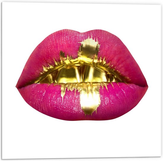 Forex - Gouden Verf op Roze Lip - 50x50cm Foto op Forex