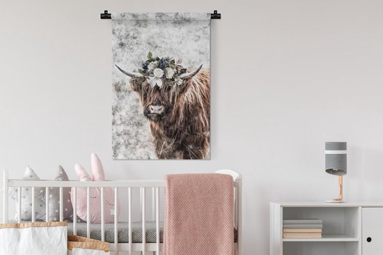 Tapisserie Scottish HighlanderIllustrations de Noël - Highlander écossais avec une couronne de fleurs Tapisserie coton 60x90 cm - Tapisserie avec photo