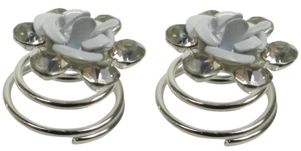 Haarsoires Haarspeld Curlies 1cm - Bloem Strass Steentjes - Wit Zilver - Set van 2 - Haarspiralen - Haarversiering voor Opsteekkapsels