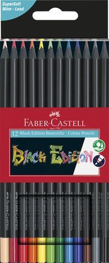 Faber-Castell 12 Black Edition kleurpotloden in verpakking, zwarte omhulsels, bovenaan met kleurenpuntjes, onderaan met gekleurde uiteinden.