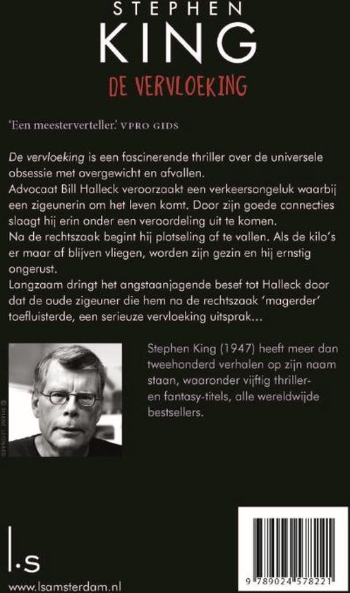 De achterkant van het boek 'De vervloeking' van Stephen King, met een korte beschrijving en een foto van de auteur.