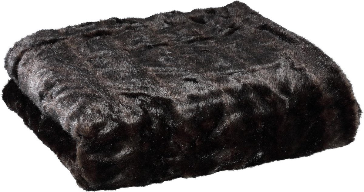 PTMD Noud dark brown faux fur blanket l - PTMD COLLECTION