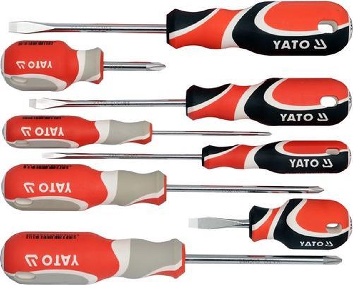 8-Delige Schroevendraaierset – CrMo Staal – Plat & Kruiskop (PH) – Magnetische Punten – Ergonomische Driehoekige Handgreep met Ophangoog