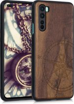 kwmobile telefoonhoesje compatibel met OnePlus Nord - Hoesje met bumper in donkerbruin - walnoothout - Vintage Kompas design