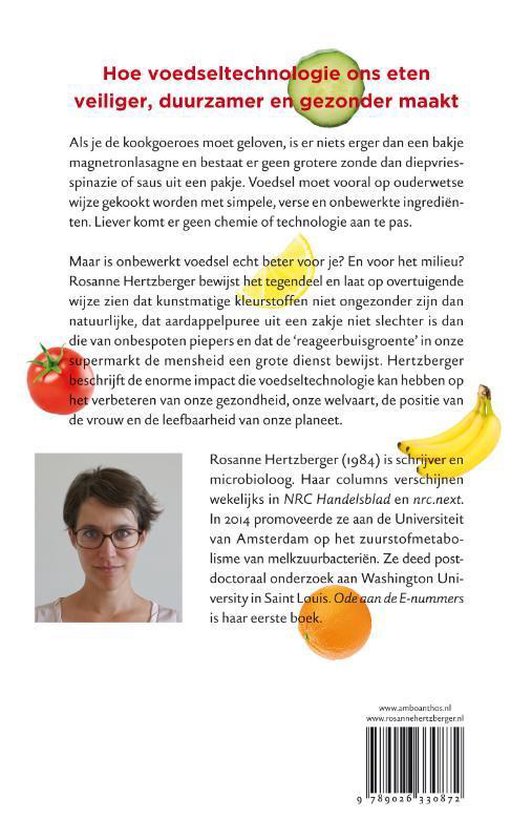 Achterkant boek 'Ode aan de e-nummers' met tekst, afbeelding van Rosanne Hertzberger, fruit en groenten.