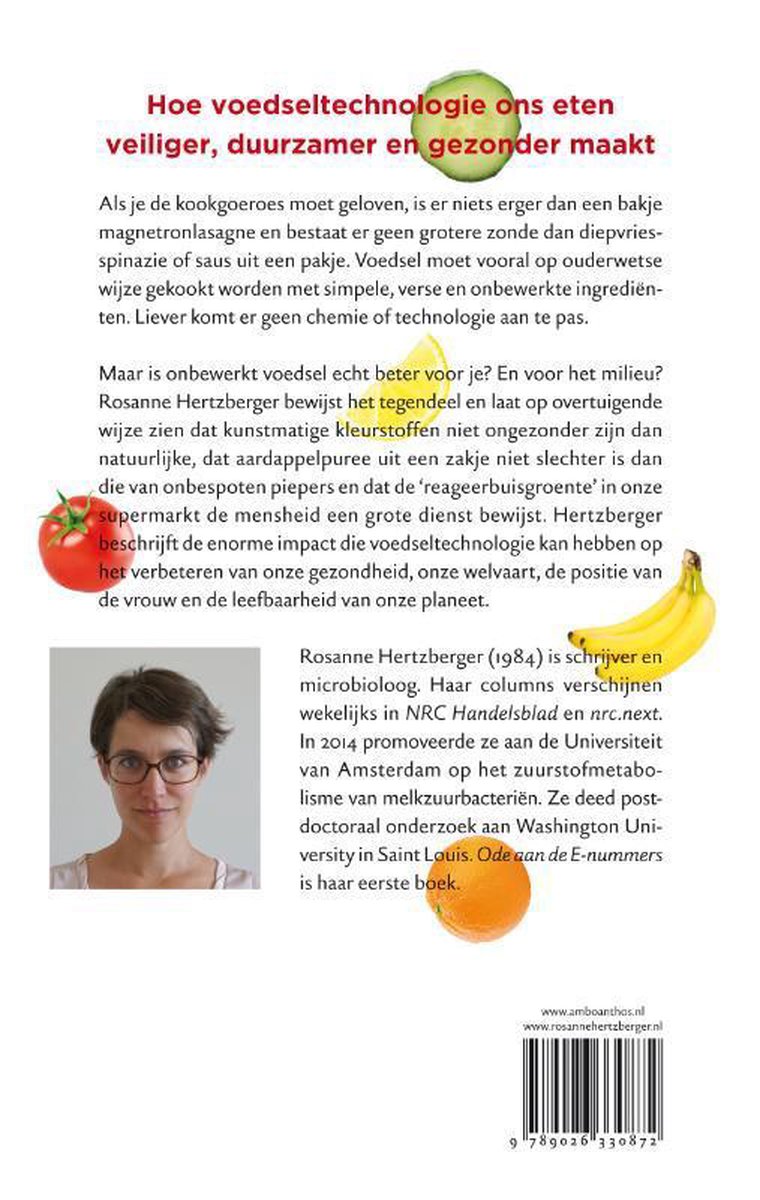 Achterkant boek 'Ode aan de e-nummers' met tekst, afbeelding van Rosanne Hertzberger, fruit en groenten.
