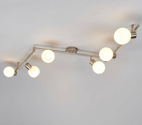 Lindby - plafondlamp - 6 lichts - metaal, glas - H: 19.5 cm - E14 - mat nikkel, opaalwit