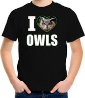 I love owls t-shirt met dieren foto van een uil zwart voor kinderen - cadeau shirt uilen liefhebber L (146-152)