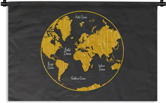 Wandkleed Trendy wereldkaarten - Ronde en gouden wereldkaart op een grijze achtergrond Wandkleed katoen 90x60 cm - Wandtapijt met foto