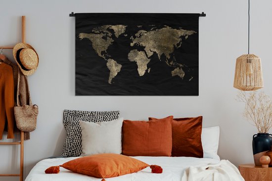 Tapisserie Cartes du mondeIllustrations de Noël - Carte du monde doré avec motif texturé sur fond noir Tapisserie coton 120x80 cm - Tapisserie avec photo