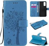 Voor Huawei Honor 30 Tree & Cat reliÃ«fpatroon Horizontale flip lederen tas met houder & kaartsleuven & portemonnee & lanyard (blauw)