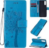 Voor Sony Xperia 10 II Tree & Cat reliÃ«fpatroon Horizontale flip lederen tas met houder & kaartsleuven & portemonnee & lanyard (blauw)