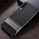 Voor Galaxy A70 geruite textuur antislip TPU + pc-hoes met houder (spacegrijs)