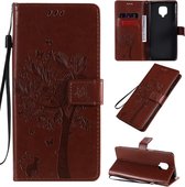 Voor Xiaomi Redmi Note 9 Pro Tree & Cat reliÃ«fpatroon Horizontale flip lederen tas met houder & kaartsleuven & portemonnee en lanyard (koffie)