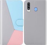 Voor Galaxy A20s Tricolor stiksels Horizontaal Flip TPU + PU lederen tas met houder & kaartsleuven & portemonnee (grijs)