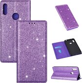 Voor Huawei Y7 (2019) Ultradunne Glitter Magnetische Horizontale Flip Leren Case met Houder & Kaartsleuven (Paars)