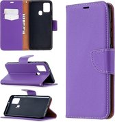 Voor Samsung Galaxy A21s Pure Color Horizontale Flip PU lederen tas met houder & kaartsleuven & portemonnee & lanyard (paars)