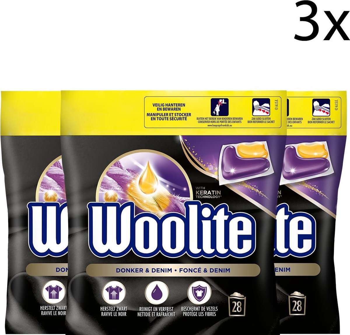 Goedkoopste Woolite Zwart, Donker & Denim Wasmiddel met Keratine - 28 Capsules x3