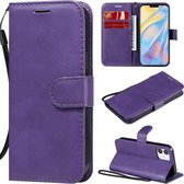 Voor iPhone 12 effen kleur horizontale flip beschermende lederen tas met houder & kaartsleuven & portemonnee & fotolijst & lanyard (paars)