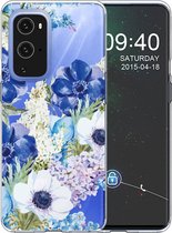 Voor OnePlus 9 gekleurd tekeningpatroon zeer transparant TPU beschermhoes (blauwe en witte rozen)