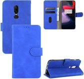 Voor OnePlus 6 Effen Kleur Huid Voel Magnetische Gesp Horizontale Flip Kalfsstructuur PU Lederen Case met Houder & Kaartsleuven & Portemonnee (Blauw)