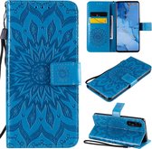 Voor OPPO Reno3 Pro / Find X2 Neo Sun Embossing Pattern Horizontale Flip Leather Case met Card Slot & Holder & Wallet & Lanyard (Blue)