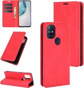Voor OnePlus Nord N10 5G retro-skin zakelijke magnetische zuignap lederen hoes met houder & kaartsleuven en portemonnee (rood)