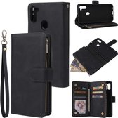 Voor Samsung Galaxy A11 Multifunctionele Retro Frosted Horizontale Flip Leren Case met Kaartsleuf & Houder & Rits Portemonnee & Fotolijst & Lanyard (Zwart)