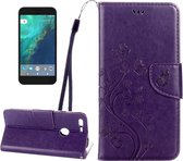 Voor Google Pixel XL Vlinders Love Flowers Embossing Horizontale Flip lederen hoes met houder & kaartsleuven & portemonnee & lanyard (donkerpaars)