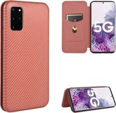 Voor Samsung Galaxy S20 Plus Koolstofvezel Textuur Magnetische Horizontale Flip TPU + PC + PU lederen tas met touw en kaartsleuf (bruin)