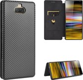 Voor Sony Xperia 10 Plus Koolstofvezel Textuur Magnetische Horizontale Flip TPU + PC + PU lederen tas met kaartsleuf (zwart)