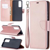 Voor Huawei P smart 2021 / Y7a Litchi Textuur Pure Kleur Horizontale Flip PU Lederen Case met Houder & Kaartsleuven & Portemonnee & Lanyard (Rose Goud)