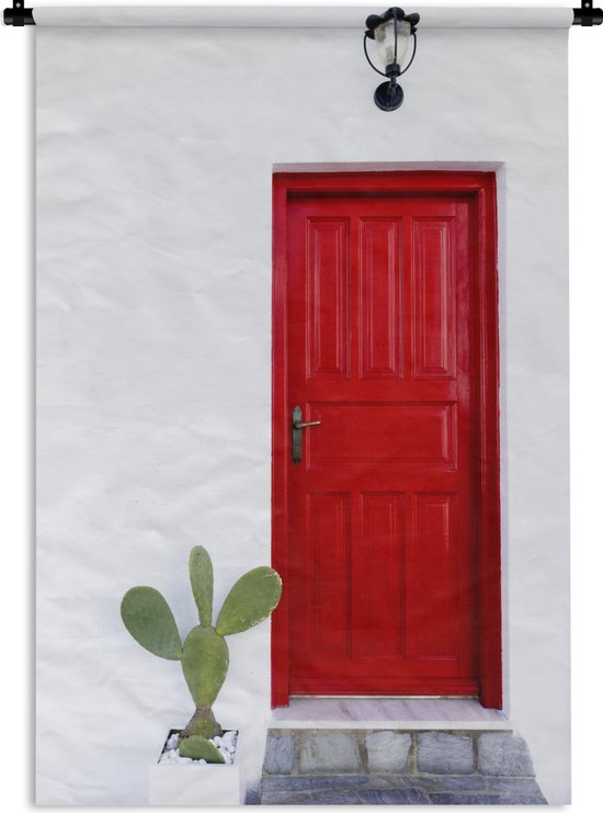 Wandkleed Deur - Cactus dichtbij een rode deur Wandkleed katoen 120x180 cm - Wandtapijt met foto XXL / Groot formaat!
