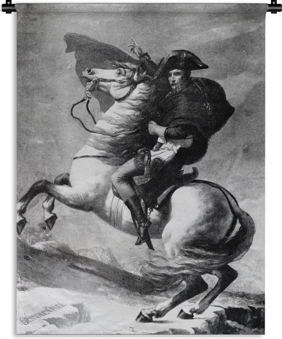 Wandkleed Napoleon Bonaparte illustratie - Illustratie van Napoleon Bonaparte in het zwart-wit op een paard Wandkleed katoen 60x80 cm - Wandtapijt met foto