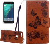 Voor Google Pixel XL vlinders Embossing horizontale flip lederen tas met houder & kaartsleuven & portemonnee & lanyard (bruin)