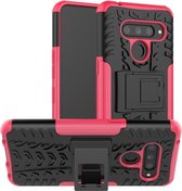 Tire Texture TPU + PC schokbestendige hoes voor LG V50 ThinQ, met houder (roze)