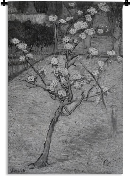 Wandkleed Vincent van Gogh - Perenboompje in bloei in zwart-wit - Schilderij van Vincent van Gogh Wandkleed katoen 90x135 cm - Wandtapijt met foto