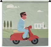 Tapisserie Illustration Vespa - Illustration d'un homme sur une Vespa rouge Tapisserie coton 90x90 cm - Tapisserie avec photo