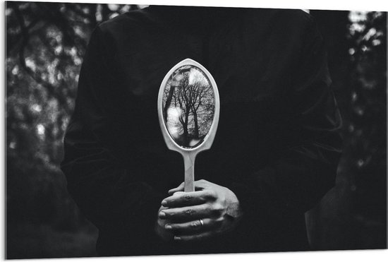 Acrylglas - Spiegel op Rug van Persoon (zwart/wit) - 120x80cm Foto op Acrylglas (Met Ophangsysteem)