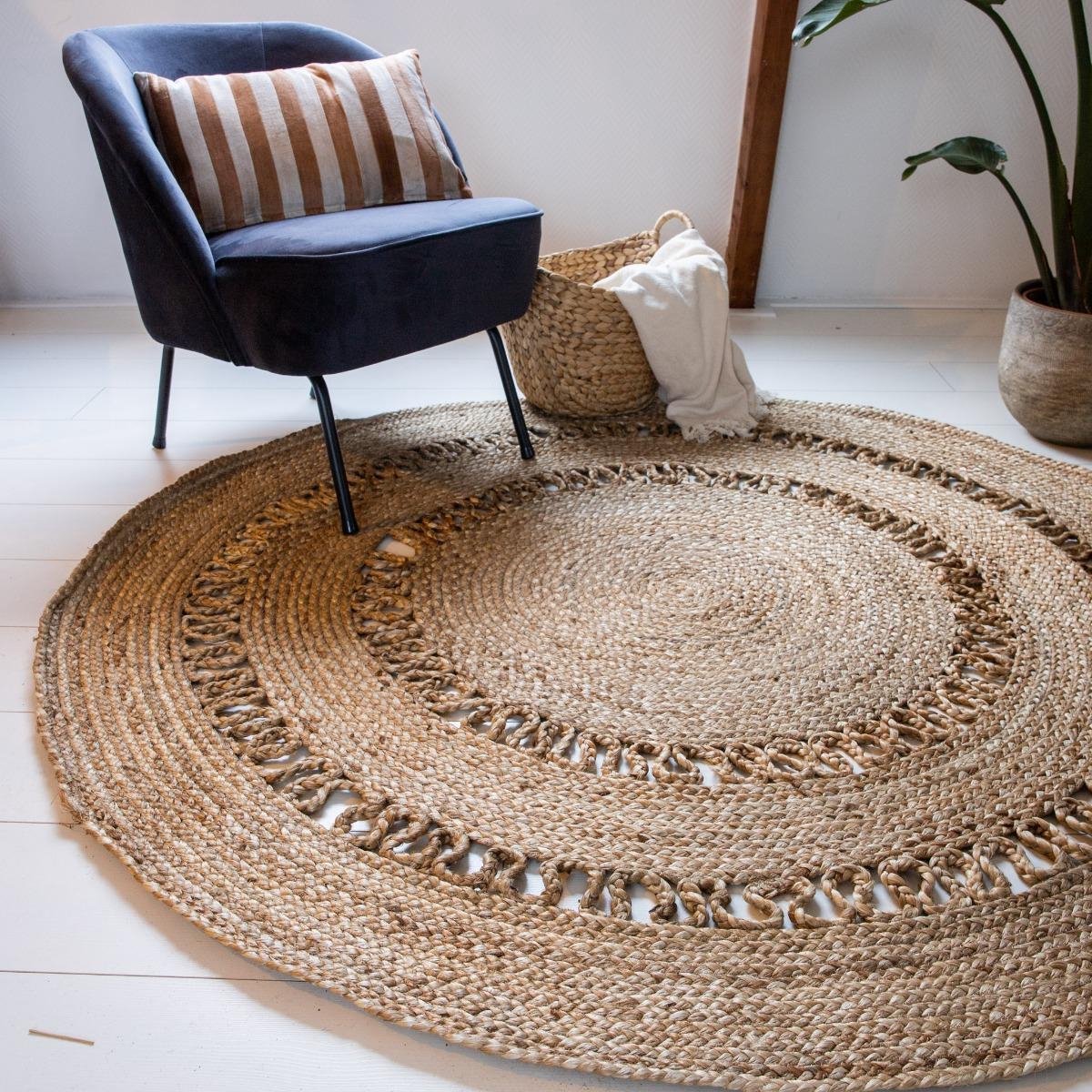 Mrcarpet Rond jute vloerkleed naturel|roest|bruin met rand 200cm