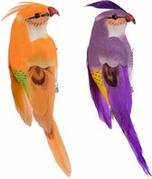 4x stuks decoratie kunststof vogels papegaaien op clip paars/oranje van 13 cm - Tropische feest thema/versiering