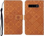 Voor Samsung Galaxy S10 etnische stijl reliëf patroon horizontale flip lederen tas met houder & kaartsleuven & portemonnee & lanyard (bruin)