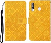 Voor Samsung Galaxy A20s etnische stijl reliëf patroon horizontale flip lederen tas met houder & kaartsleuven & portemonnee & lanyard (geel)