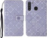 Voor Samsung Galaxy A21 etnische stijl reliëf patroon horizontale flip lederen tas met houder & kaartsleuven & portemonnee & lanyard (paars)